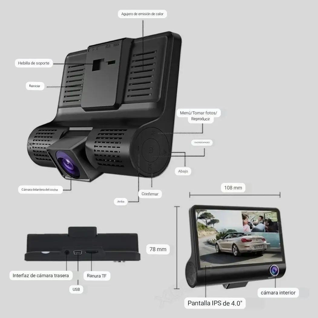 CAMARA DVR TRES LENTES PARA AUTO 1080P